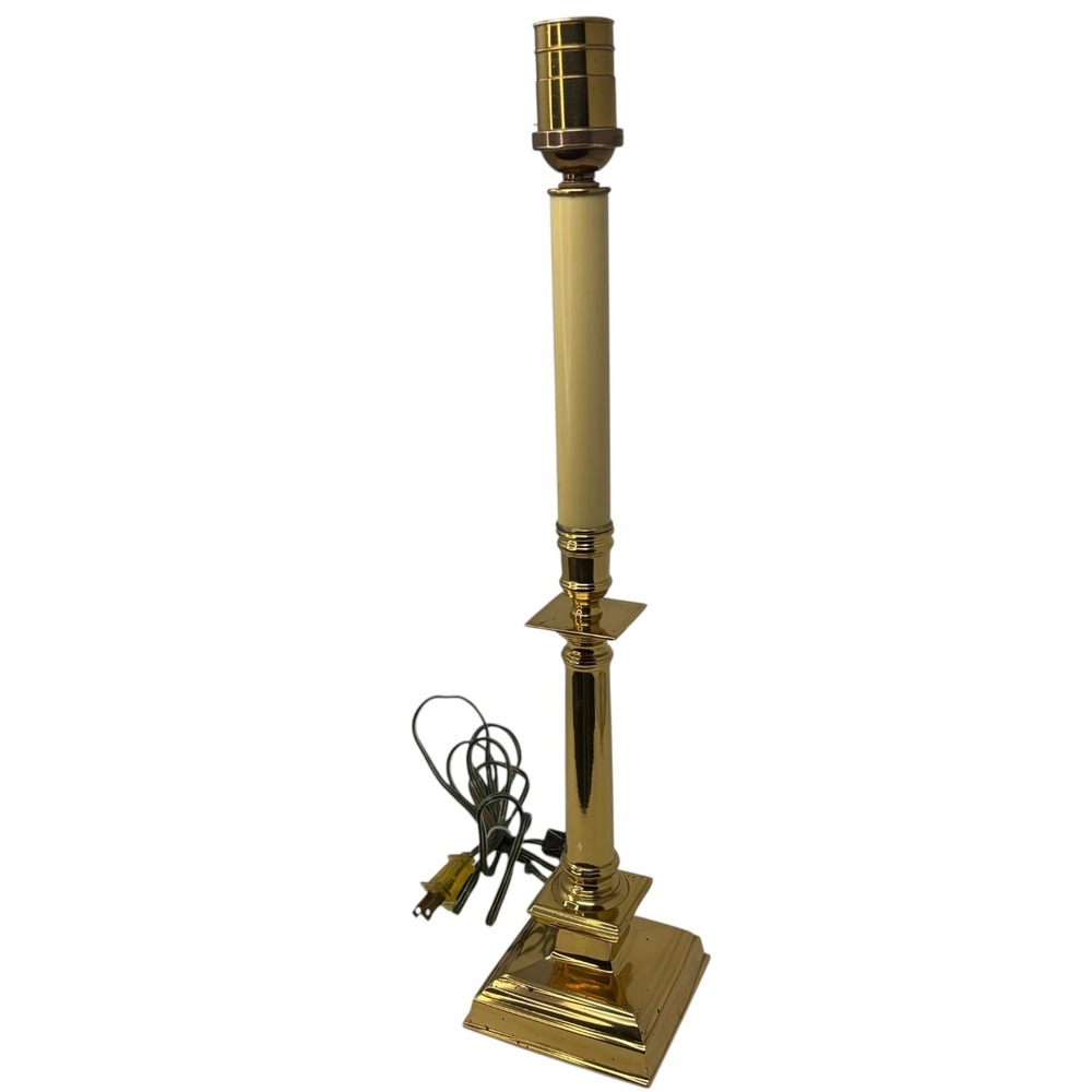 Vintage Brass Candlestick Table Buffet Lamp Cream Column Square Base 19" Working